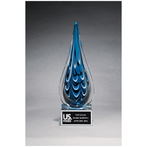 Blue and Black Teardrop Art Glass on Clear Glass Base with Black 10" Laserable Aluminum Plate