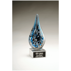 Multi-Colored Teardrop Art Glass on Clear Glass Base with Black 10" Laserable Aluminum Plate