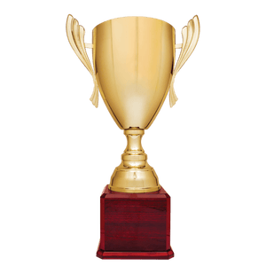 Gold Completed Metal Cup Trophy on Rosewood Royal 2 26 1/2" Piano Finish Base