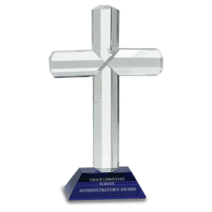 Blue 8 1/2" Crystal Cross on Pedestal Base