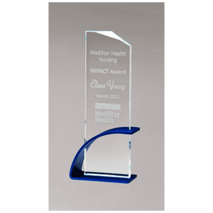Blue Contemporary Clear 3 7/8" x 10 1/8" x 1/2" Thick Glass Award, Arched Base with Matte Metallic Finish