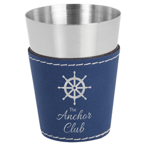 Blue/Silver 2 oz. Laserable Leatherette & Stainless Steel Shot Glass