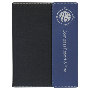 Blue/Silver Laserable Leatherette / Black 7" x 9" Canvas Portfolio with Notepad