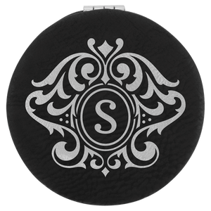 Black/Silver 2 1/2" Laserable Leatherette Compact Mirror