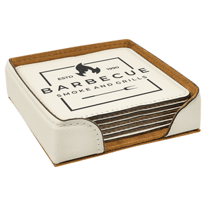 White 4" x 4" Square Laserable Leatherette 6-Coaster Set