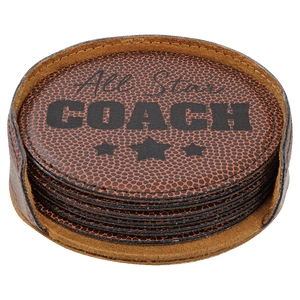Football 2 4" Round Laserable Leatherette 6-Coaster Set