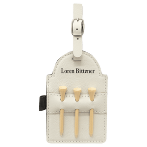 White 5" x 3 1/4" Laserable Leatherette Golf Bag Tag with 3 Wooden Tees