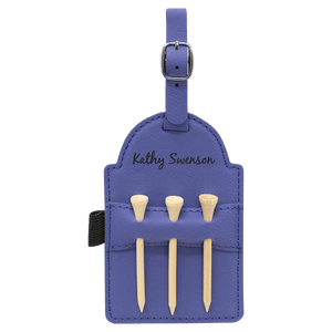 Purple 5" x 3 1/4" Laserable Leatherette Golf Bag Tag with 3 Wooden Tees