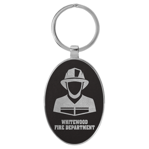 Black/Silver 3" x 1 3/4" Laserable Leatherette/Metal Oval Keychain
