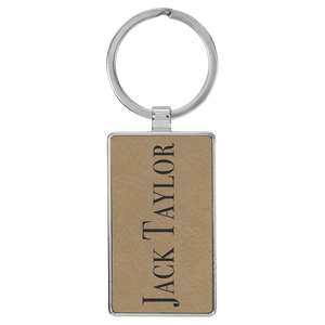 Light Brown 2 3/4" x 1 1/4" Laserable Leatherette/Metal Rectangle Keychain