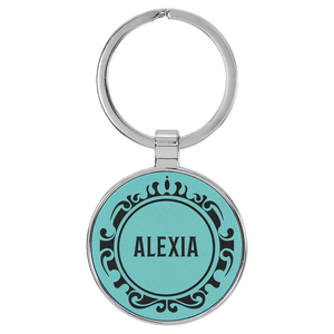 Teal 1 1/2" Laserable Leatherette/Metal Round Keychain