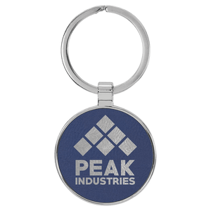Blue/Silver 1 1/2" Laserable Leatherette/Metal Round Keychain