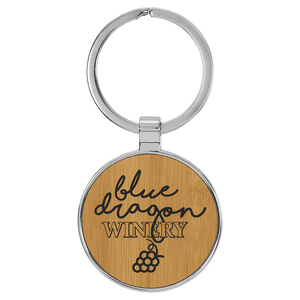 Bamboo 1 1/2" Laserable Leatherette/Metal Round Keychain