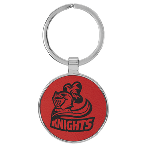 Red 1 1/2" Laserable Leatherette/Metal Round Keychain