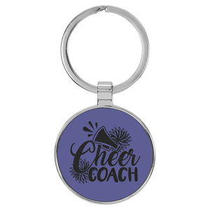 Purple 1 1/2" Laserable Leatherette/Metal Round Keychain