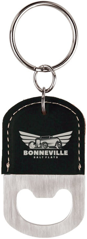 Black/Silver Oval Laserable Leatherette Bottle Opener Keychain