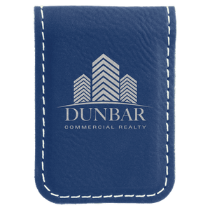 Blue/Silver 1 3/4" x 2 1/2" Laserable Leatherette Money Clip