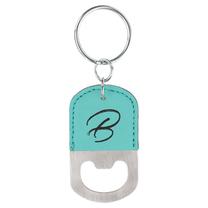 Teal Oval Laserable Leatherette Bottle Opener Keychain