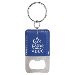 Blue/Silver Rectangle Laserable Leatherette Bottle Opener Keychain