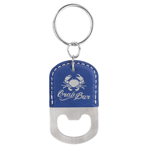Blue/Silver Oval Laserable Leatherette Bottle Opener Keychain