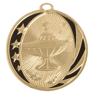 Bright Gold 2" Lamp of Knowledge Laserable MidNite Star Medal