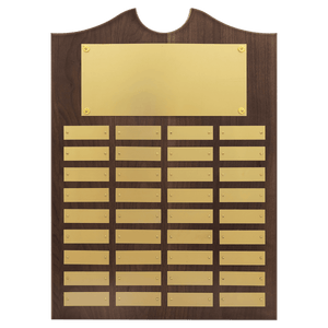 Walnut 36 Plate Perpetual Plaque with Brushed Brass 14" x 20"/Plates 7/8" x 2 3/4" American Plates