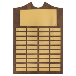 Walnut 40 Plate Perpetual Plaque with Brushed Brass 14" x 20"/Plates 7/8" x 2 3/4" American Plates