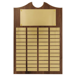 Walnut 48 Plate Perpetual Plaque with Brushed Brass 14" x 20"/Plates 7/8" x 2 3/4" American Plates