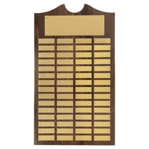 Walnut 60 Plate Perpetual Plaque with Brushed Brass 14" x 25"/Plates 7/8" x 2 3/4" American Plates