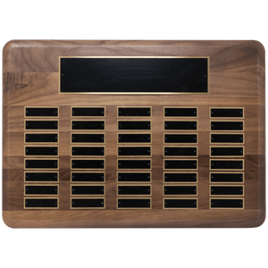 Walnut 40 Plate Perpetual Plaque with Black Brass 15" x 21"/Plates 7/8" x 2 3/4" American Plated Steel Plates