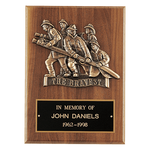 Walnut Plaque, Bronze Cast Fire Department "Bravest" with Black Brass 9" x 12" American Plate