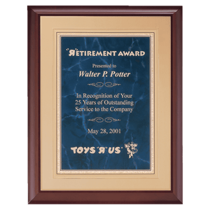 Cherry Finish Plaque with a Sapphire Gold Border Florentine LaserFX Plate on an Gold 11" x 14" Hand Rubbed Embossed Back Plate