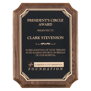 Walnut Piano Finish Plaque with Gold Florentine Border Black 9" x 12" Airflyte LaserFX Plate