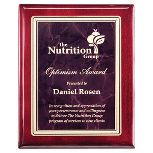 Rosewood Piano Finish Plaque with Ruby Marble/Gold 10 1/2" x 13" Florentine Design LaserFX Plate