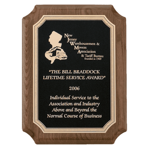 Walnut Piano Finish Plaque with Gold Florentine Border Textured Black 7" x 9" Airflyte Premium LaserFX Plate