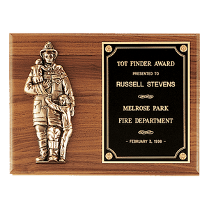 Walnut Plaque with Firefighter Relief and Black Brass 9" x 12" American Plate