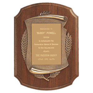 Walnut Notch Corner Plaque w/Antique Bronze Scroll/Brushed Brass 11" x 15" American Plate