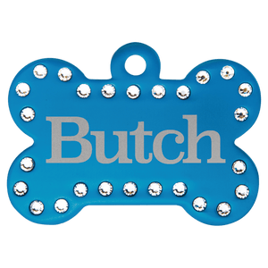 Blue 1 1/2" x 1" Laserable Anodized Aluminum Swarovski Bling Bone with Tab