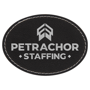 Black/Silver 3 1/2" x 2 1/2" Laserable Leatherette Oval Patch with Kota Pro Adhesive