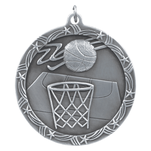 Antique Silver 2 1/2" Basketball Shooting Star Medal