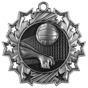 Antique Silver 2 1/4" Volleyball Ten Star Medal