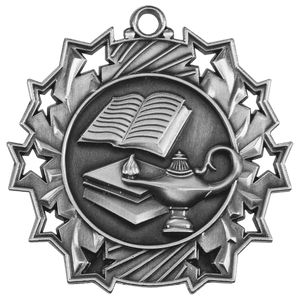 Antique Silver 2 1/4" Lamp of Knowledge Ten Star Medal