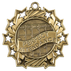 Antique Gold 2 1/4" Perfect Attendance Ten Star Medal