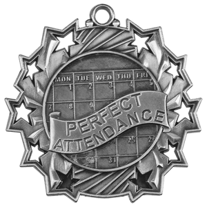 Antique Silver 2 1/4" Perfect Attendance Ten Star Medal