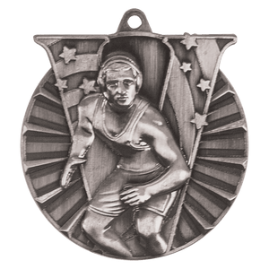 Antique Silver 2" Wrestling Victory Medal