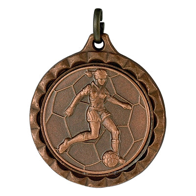 1 1/4 INCH MEDAL FRAME, SOCCER FEMALE 1 INCH MEDALLION - MULTIPLE COLORS
