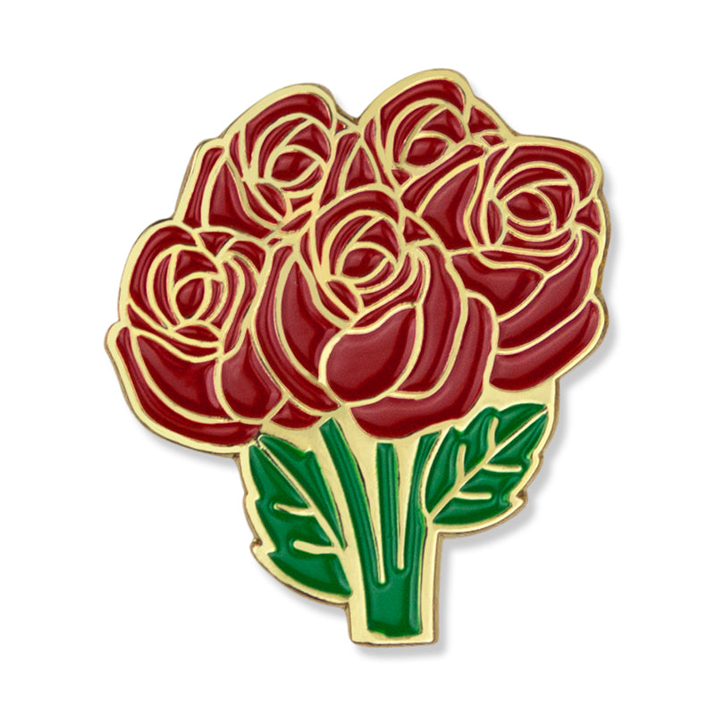 1-1/8 INCH RED ROSE FLOWER BOUQUET LAPEL PIN