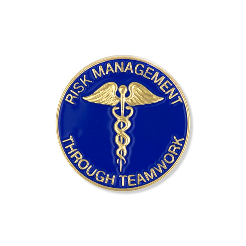 1-1/8 INCH RISK MANAGEMENT THROUGH TEAMWORK BLUE ENAMELED GOLD LAPEL PIN WITH CADUCEUS