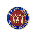 1-1/8 INCH RISK MANAGEMENT THROUGH TEAMWORK BLUE & RED ENAMELED GOLD LAPEL PIN
