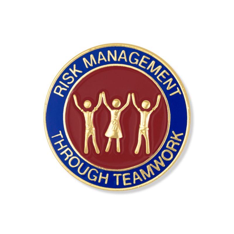 1-1/8 INCH RISK MANAGEMENT THROUGH TEAMWORK BLUE & RED ENAMELED GOLD LAPEL PIN